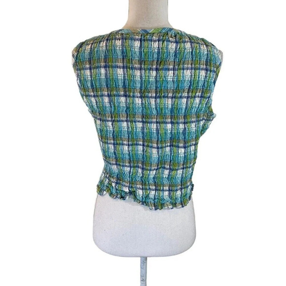 Basic Editions Seersucker Cropped Top XL 90s Plaid Pattern Sleeveless Blue Green - Picture 3 of 8